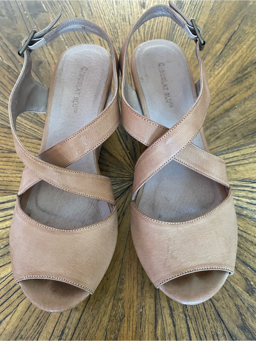 Chocolat Blu Tan Cross-Strap Wedge Sandals